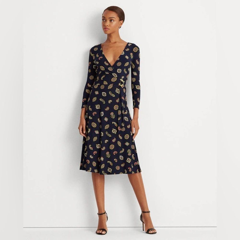 Lauren Ralph Lauren Navy Paisley Midi Dress Size 6 NWT Faux Wrap Stretch Knit - Picture 2 of 11